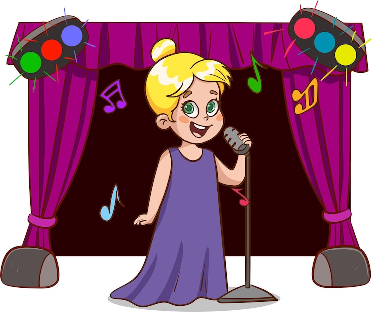 Vector una niña feliz y linda canta con una sonrisa.
