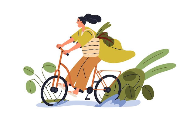 Vector niña feliz montando bicicleta en verano mujer joven ciclista con bolsa de equipaje bicicleta después de compras verdes concepto de estilo de vida ecológico activo ilustración vectorial plana aislada sobre fondo blanco