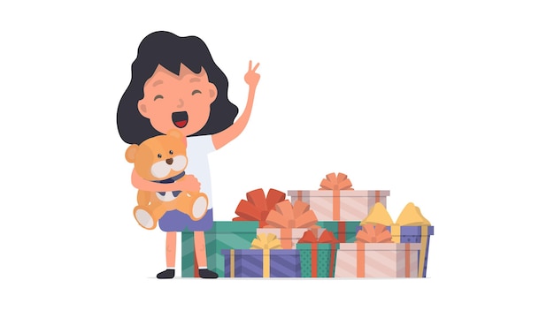 Una niña feliz con un osito de peluche y muchos regalos. niño feliz con regalos. aislado. vector.