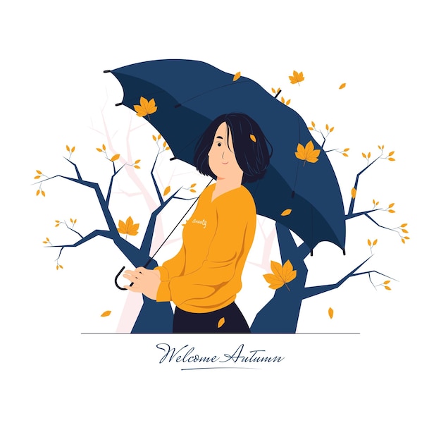 Niña feliz con paraguas en la ilustración del concepto de día de otoño