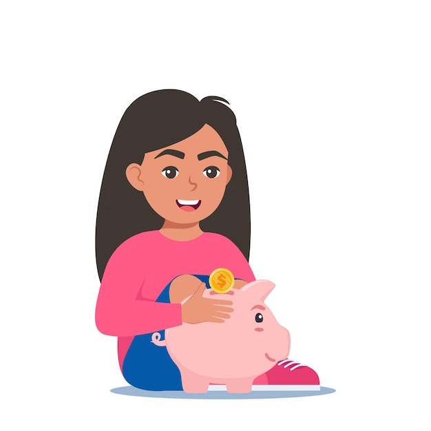 Niña feliz poniendo una moneda de oro en una alcancía economía de ahorro de dinero ilustración vectorial