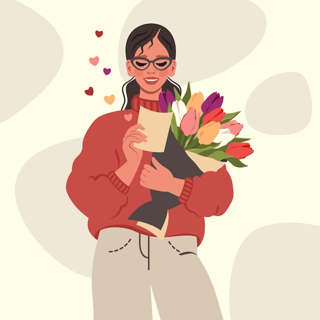 Niña feliz recibe paquete de flores y lee deseos mujer joven con ramo de tulipanes entrega de flores amor cumpleaños concepto romántico vector ilustración plana para tarjeta de regalo día de san valentín