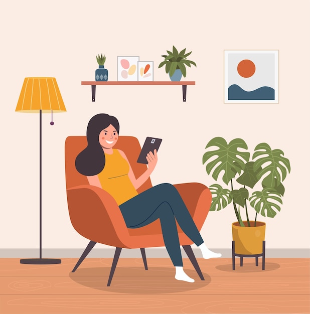 Niña feliz sentada en la silla con tableta. Ilustración vectorial plana