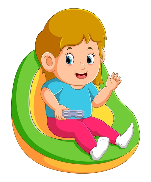 Vector la niña feliz está sentada en el sofá y jugando al videojuego.