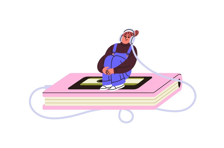 Vector niña feliz se sienta en un libro de cuentos y escucha un audiolibro con auriculares el lector se relaja con audiolibros historias literatura digital leer libros concepto ilustración vectorial aislada plana en blanco