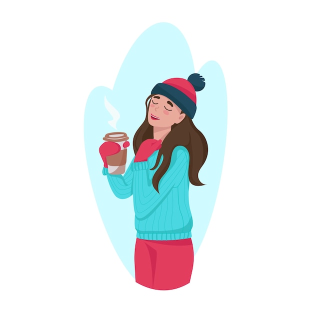 Vector niña feliz con un sombrero de invierno y guantes con café y disfrutando de la ilustración de vector de vida