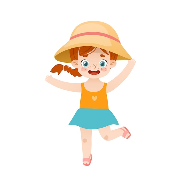 Niña feliz con sombrero de paja en vacaciones de verano Linda niña con cabello rojo y pecas saltando