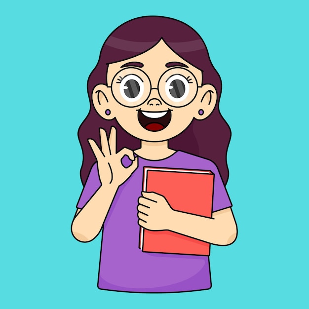 Niña feliz sonriente con gafas sosteniendo un bloc de notas o un libro y mostrando el gesto OK