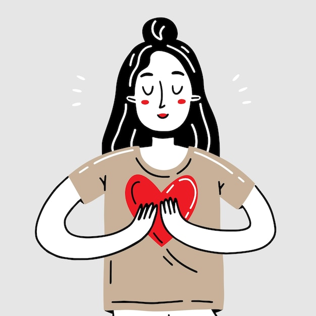 Niña feliz sosteniendo un corazón en sus manos Ilustración con carácter en estilo doodle