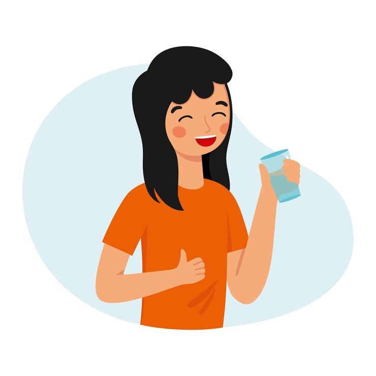 Vector una niña feliz sostiene un vaso en sus manos y bebe agua.