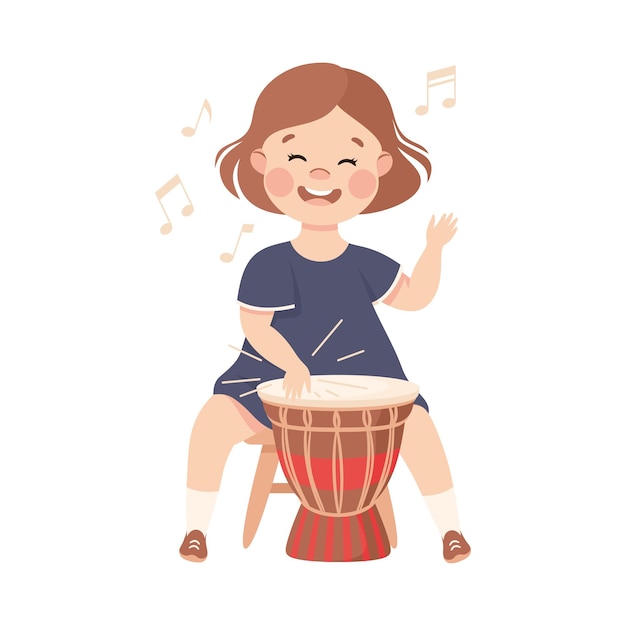 Niña feliz tocando un instrumento musical de tambor actuando en el escenario Ilustración vectorial