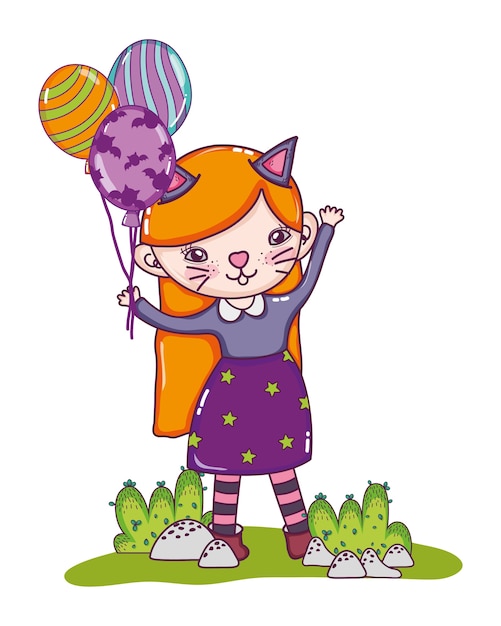 Niña feliz con traje de gato y globos