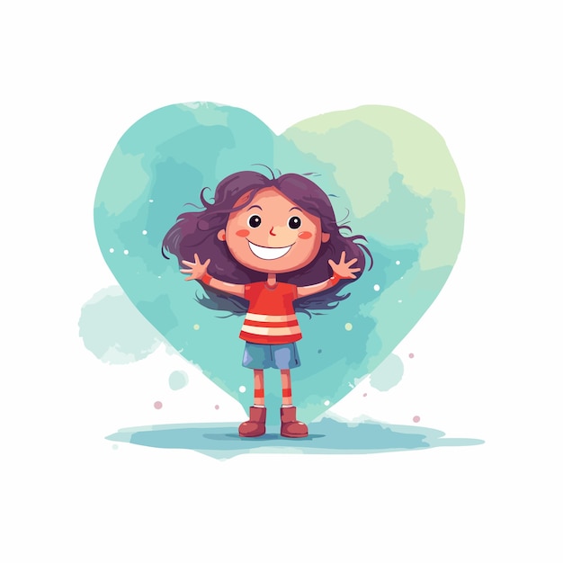 Niña feliz con vector de dibujos animados de corazón