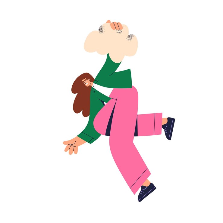Vector niña feliz volando, sosteniendo una forma abstracta. mujer joven de moda con una nube en la mano, flotando en el aire. creatividad, libertad, inspiración, concepto de idea. ilustración vectorial plana aislada sobre fondo blanco