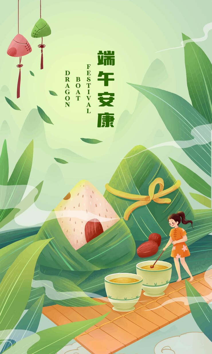 Vector niña del festival del barco dragón haciendo un cartel de ilustración de té con albóndigas de arroz