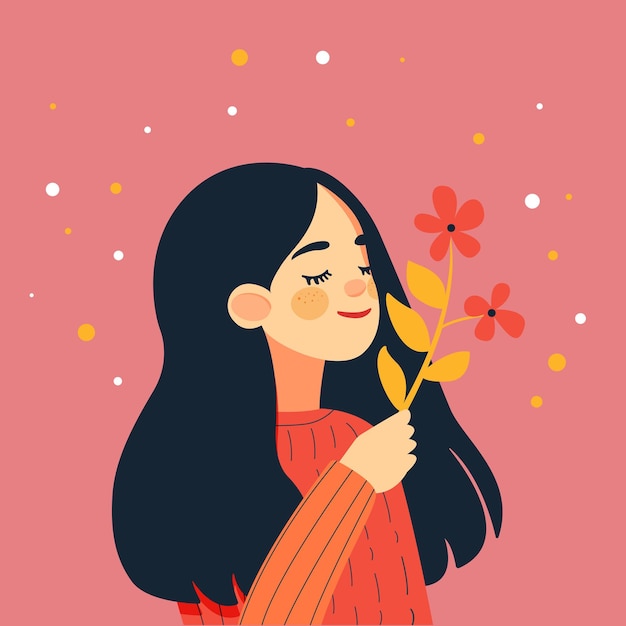 Niña con flor Niña con jumper rojo en fondo rosa Ilustración vectorial de las vacaciones de primavera