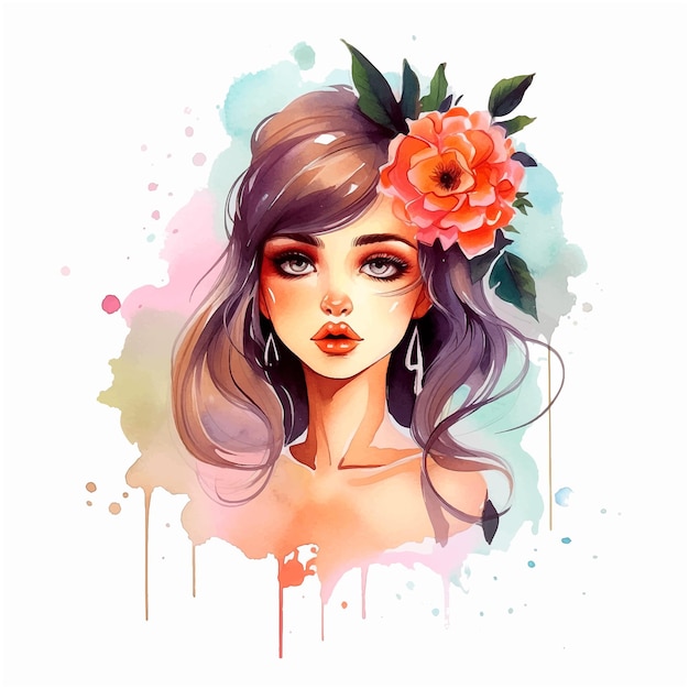 Vector niña con flores en el cabello pintura de acuarela