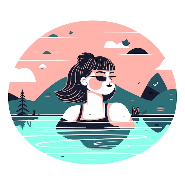 Vector niña con gafas de sol en el lago en un estilo plano