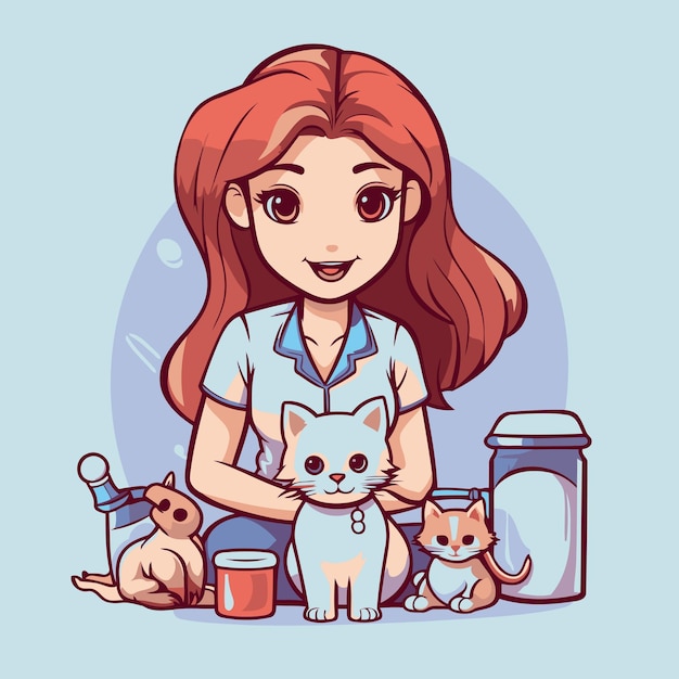 Vector niña con gatos concepto de cuidado de mascotas ilustración vectorial al estilo de dibujos animados