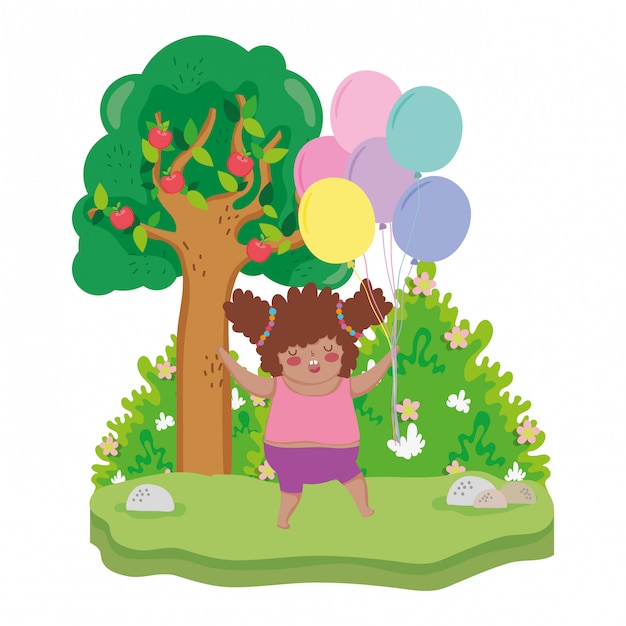 Niña gordita con globos de aire en el paisaje