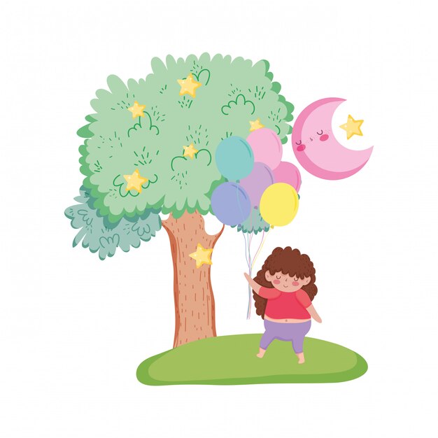 Vector niña gordita con globos de aire en el paisaje