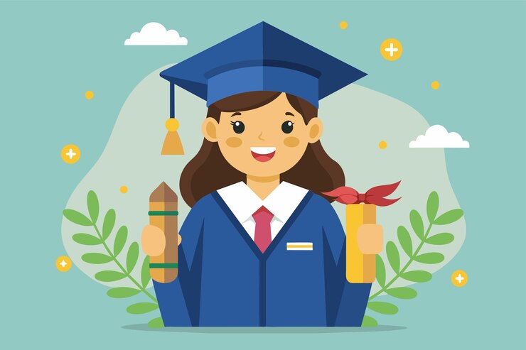 Vector una niña con una gorra y una bata de graduación sostiene con orgullo su diploma ilustra el concepto de segmentación de clientes en la publicidad digital