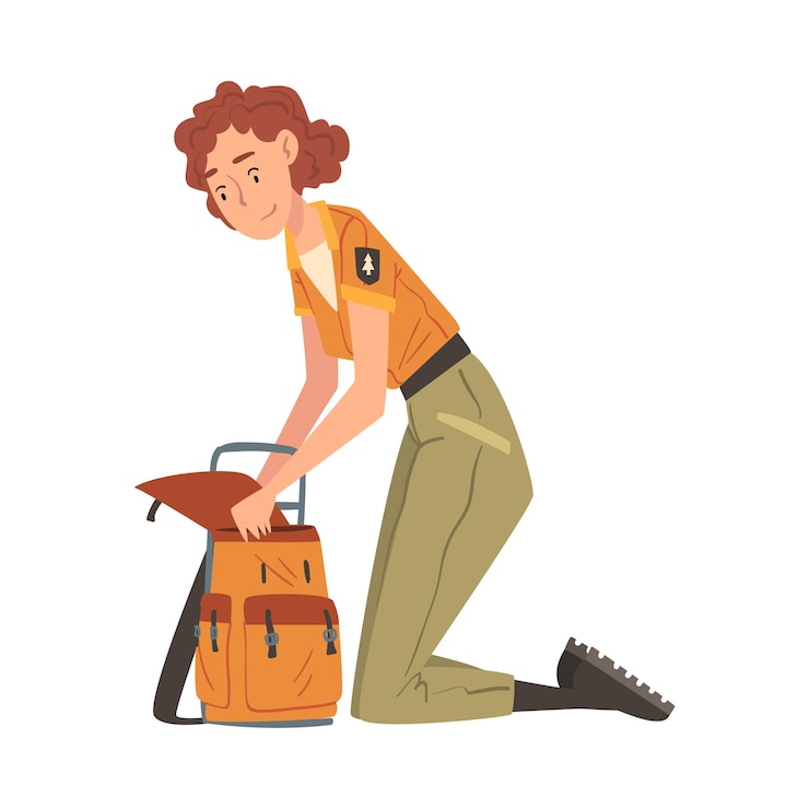 Vector niña guardabosques con mochila empleada del servicio de parques nacionales personaje en uniforme estilo dibujos animados
