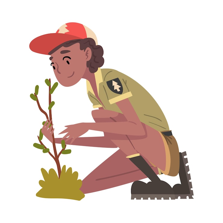 Vector niña guardabosques que cuida de plantas empleado del servicio de parques nacionales personaje de dibujos animados en uniforme