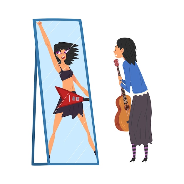 Niña con guitarra de pie frente al espejo mirando su reflejo e imaginándose a sí misma como una mujer ordinaria exitosa viéndose a sí misma de manera diferente en la ilustración vectorial del espejo