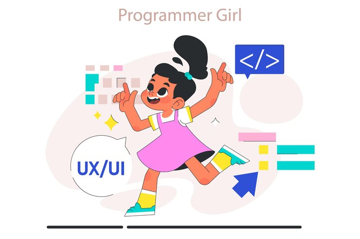 Vector la niña hace programación informática tecnologías de juegos ai