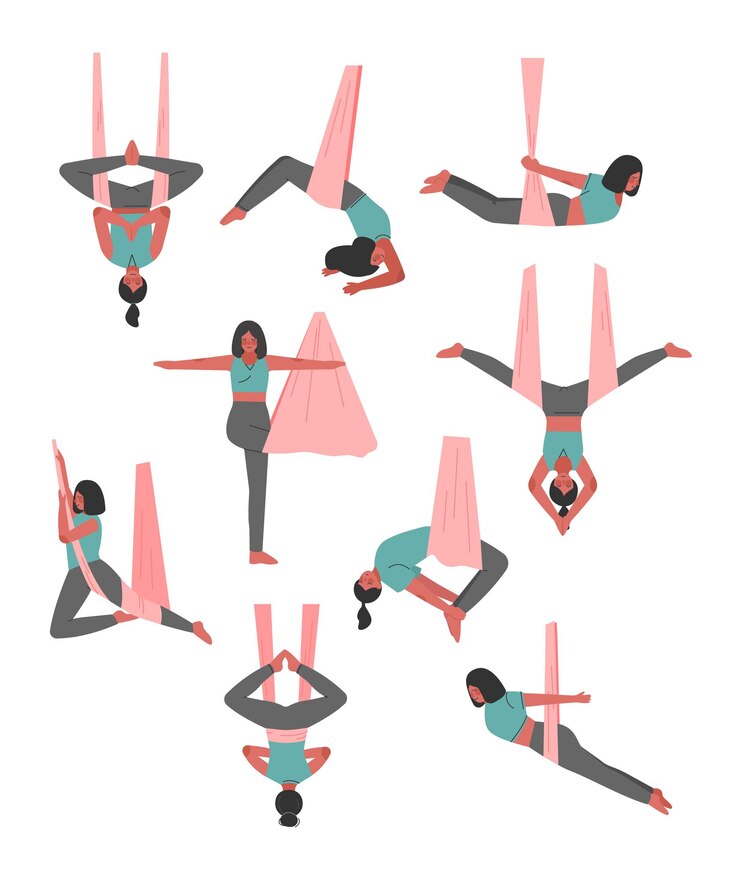 Vector niña haciendo air yoga set mujer joven delgada practicando vuelo anti gravity yoga con hamaca estilo de vida saludable concepto ilustración vectorial de estilo de dibujos animados