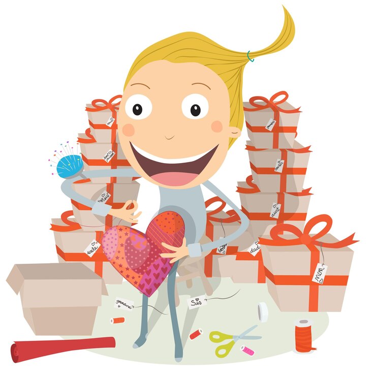 Vector niña haciendo un corazón hecho a mano regalo de navidad para dar a la familia un amigo ilustración vectorial