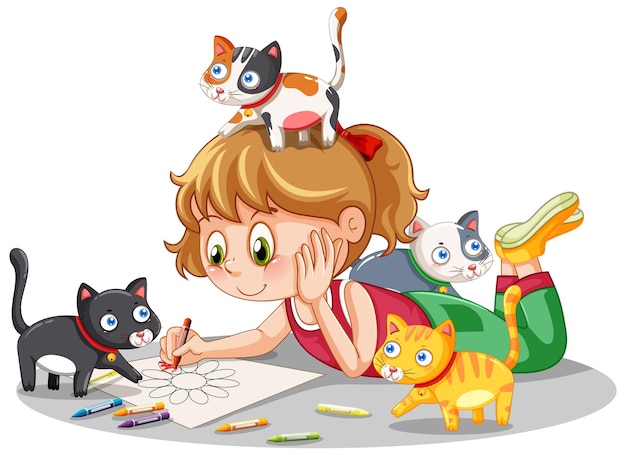Una niña haciendo un dibujo con gatos cerca