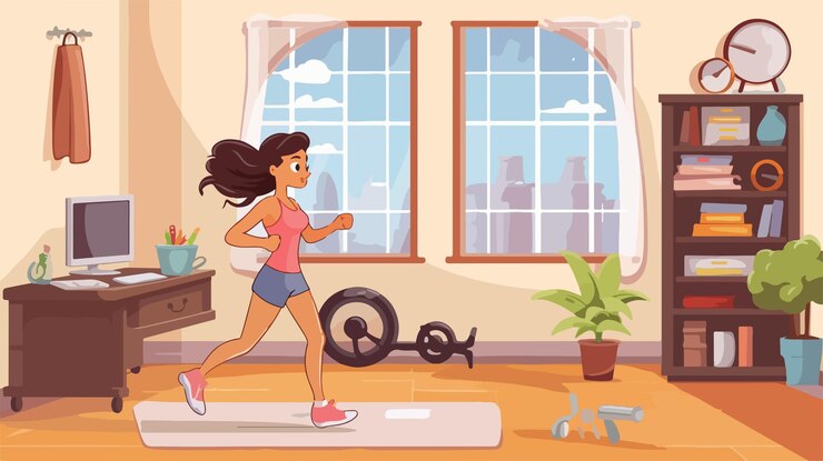 Vector niña haciendo ejercicio dentro de la habitación ilustración de entrenamiento de fitness en casa