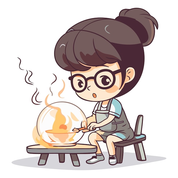 Niña haciendo un fuego en la chimenea de un personaje de dibujos animados