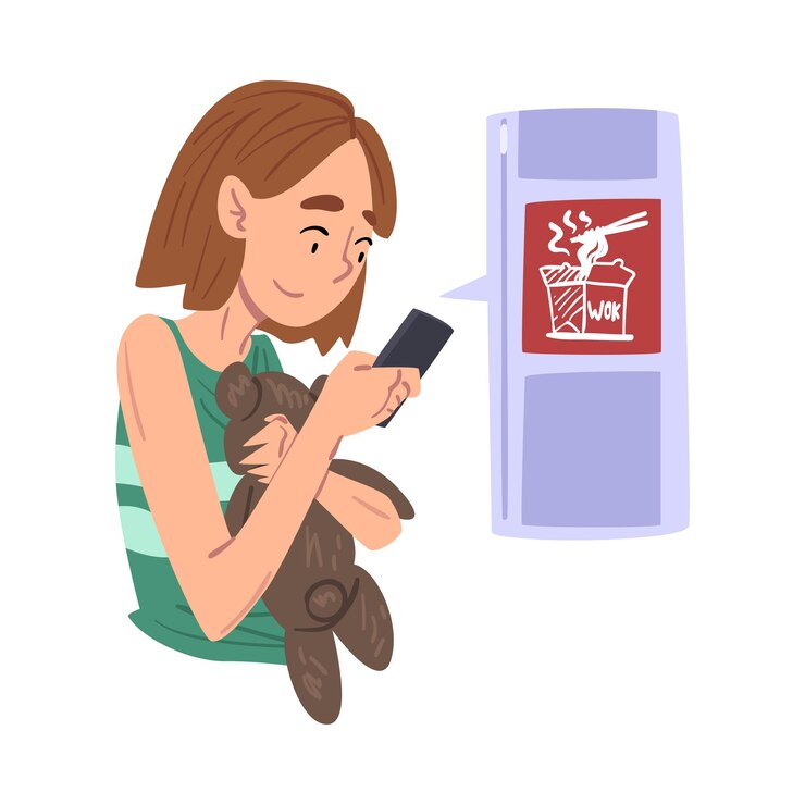 Vector niña haciendo pedidos wok por teléfono cliente comprando comida rápida en línea alimentos servicio de entrega expreso ilustración vectorial de estilo de dibujos animados