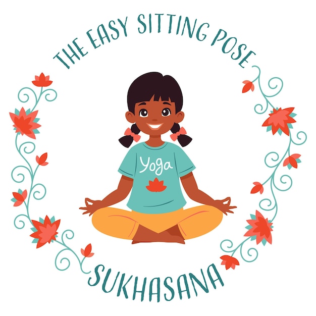 Niña haciendo yoga loto pose fácil sukhasana concepto de fitness ilustración vectorial plana en blanco