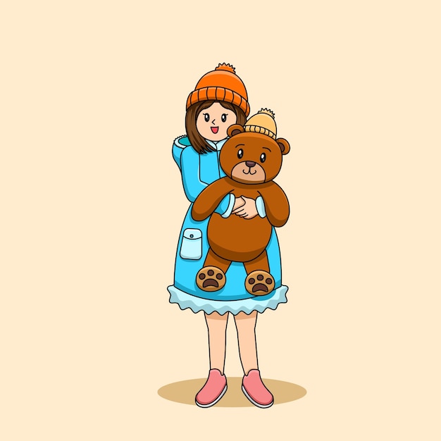 Vector niña hermosa abrazando al oso de peluche ilustración