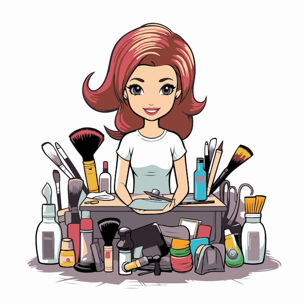 Vector niña hermosa con herramientas de maquillaje ilustración vectorial de una mujer con herramientas de machaca