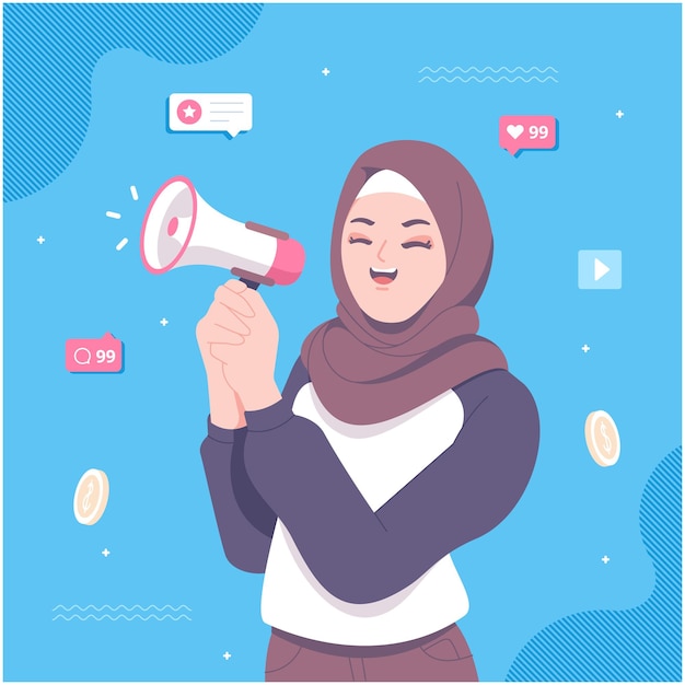 Vector niña hijab islámica con ilustración de megáfono