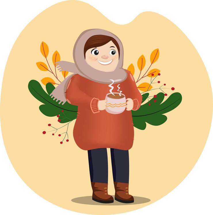 niña con hijab o pañuelo café en la mano ilustración de tema de otoño