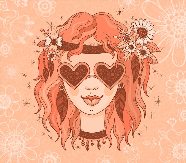 Vector niña hippie con flores de primavera tarjeta de felicitación para el día de la mujer en color melocotón 8 de marzo