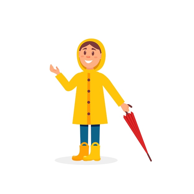 Niña en impermeable amarillo con vector de dibujos animados de paraguas ilustración sobre un fondo blanco