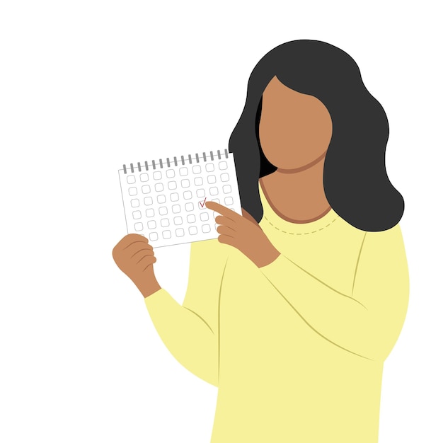 Vector niña india mira el calendario y señala la fecha, mujer con un calendario en las manos