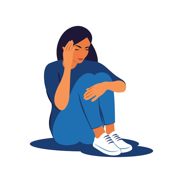 Niña infeliz desesperada por problemas psicológicos Mujer de depresión sentada en el suelo y abrazando sus rodillas Trastorno de ansiedad Ilustración vectorial