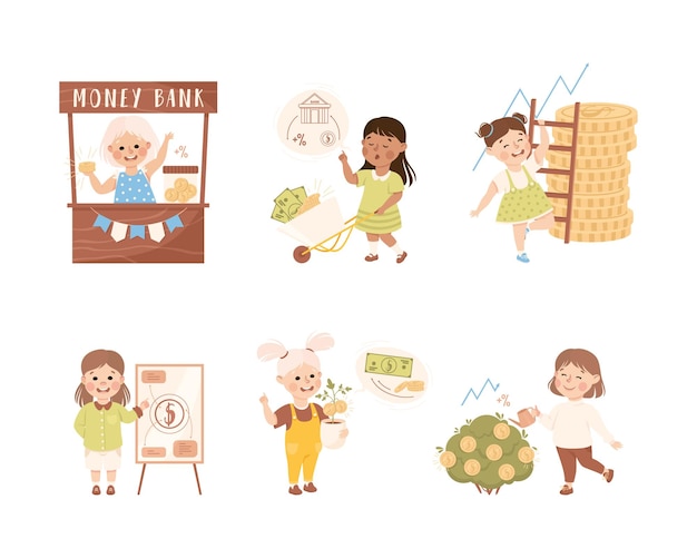 Niña involucrada en educación económica y alfabetización financiera aprendiendo a ahorrar e invertir dinero
