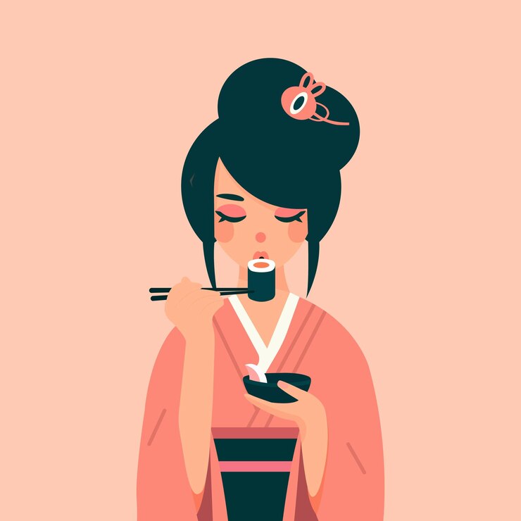 Vector niña japonesa comiendo sushi ilustración vectorial plana