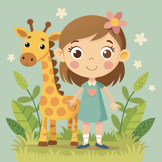 Vector una niña y una jirafa están de pie en un campo con flores y una girafa