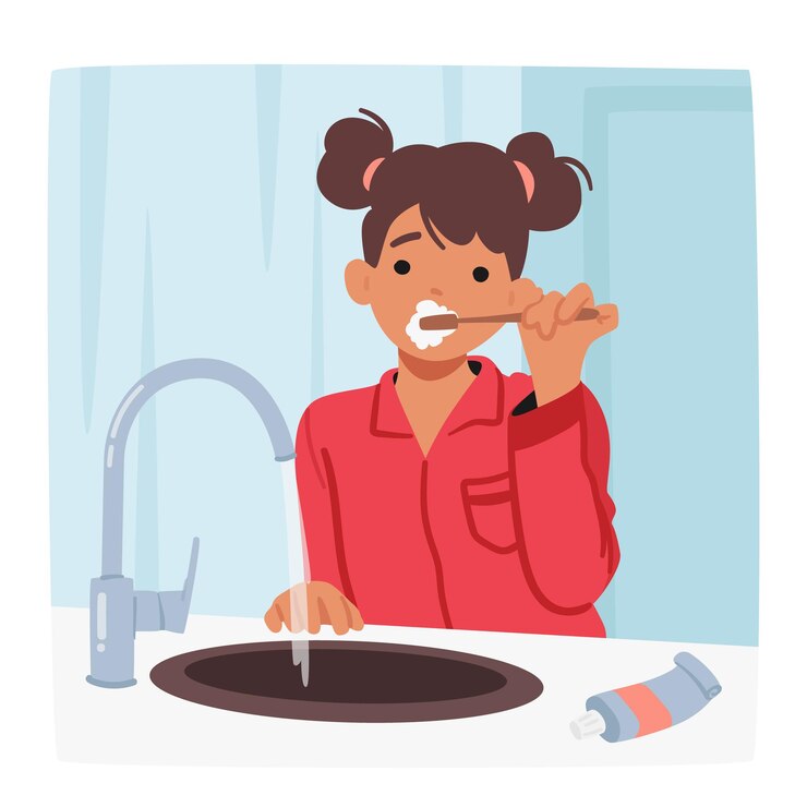 Vector niña joven se cepilla diligentemente los dientes cepillo de dientes en la mano raspando para mantener su higiene oral rutina niño pequeño personaje rutina diaria e higiene dibujos animados personas ilustración vectorial