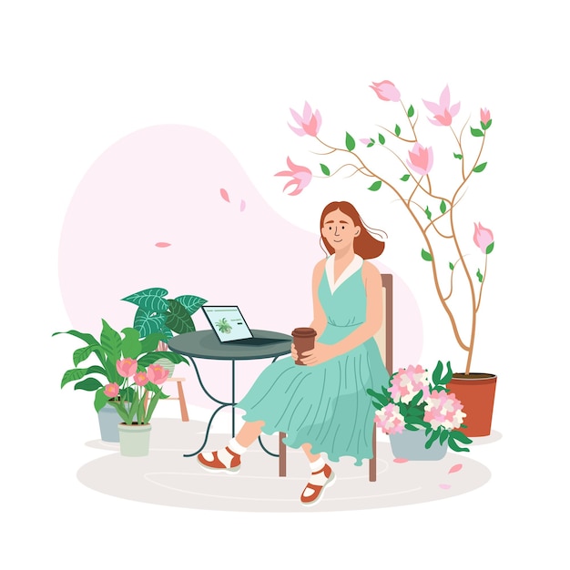 Vector niña joven sentada y bebiendo plantas de café florecen flores están alrededor ilustración vectorial de primavera